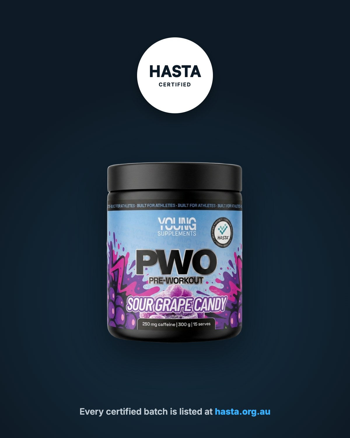 A tub of PWO with the HASTA certified badge